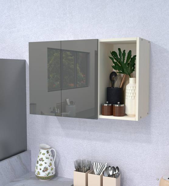 SPECIALITY PANELS 2 Door Mirror glossy triple layer UV resistant handless shutter with 3 Shelf Engineered Wood Crockery Cabinet