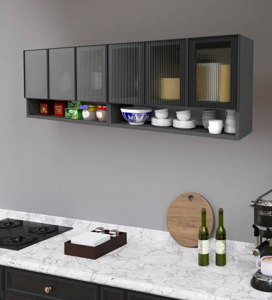 SPECIALITY PANELS Aluminium Black Profile 6 Door Partial Transparent Fluted Plain Glass handless Engineered Wood Crockery Cabinet