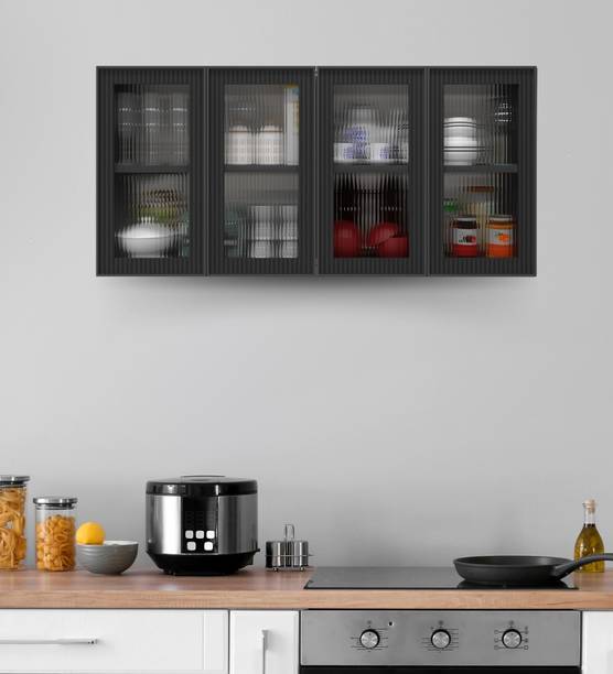 SPECIALITY PANELS Aluminium Black Profile 4 Fluted Plain Glass handless shutter, French cleat Engineered Wood Crockery Cabinet