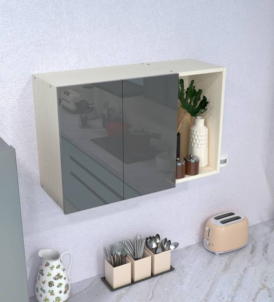 SPECIALITY PANELS 2 Door Mirror glossy triple layer UV resistant handless shutter with 3 Shelf Engineered Wood Kitchen Cabinet