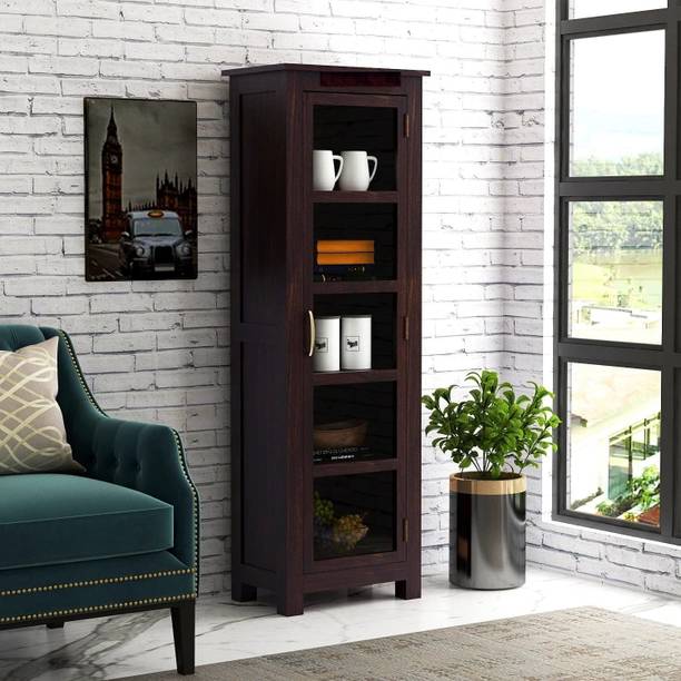 WOODTREND Solid Sheesham Wood Tall Showcase Cabinet With Multiple Shelves And Glass Door Solid Wood Kitchen Cabinet