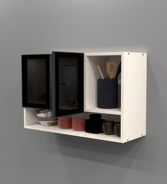 SPECIALITY PANELS AluminiumProfile 2 Grey Tinted Glass handless, OrganizerShelf, French Cleat Engineered Wood Crockery Cabinet