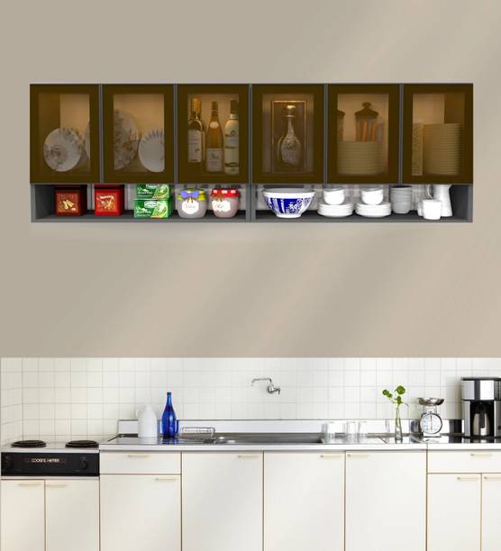 SPECIALITY PANELS Aluminium Profile 6 Brown Tinted Glass handless, OrganizerShelf, French Cleat Engineered Wood Kitchen Cabinet