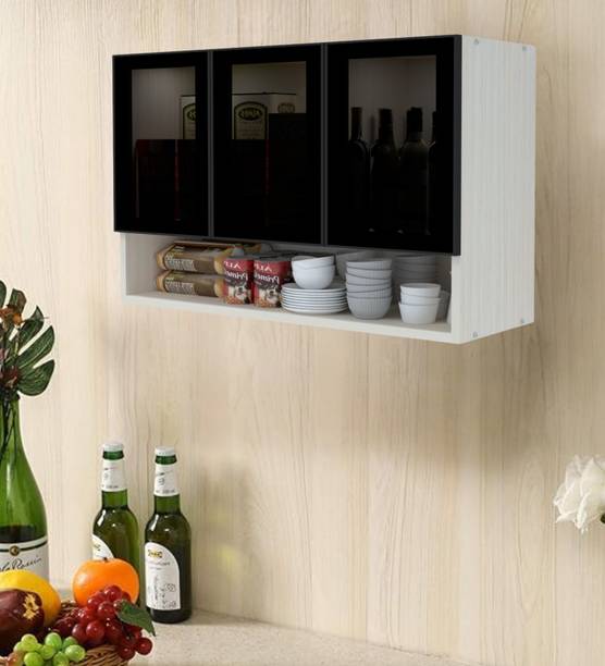 SPECIALITY PANELS Aluminium Black Profile 3 Door Grey Tinted Glass handless with Organizer Shelf Metal Kitchen Cabinet