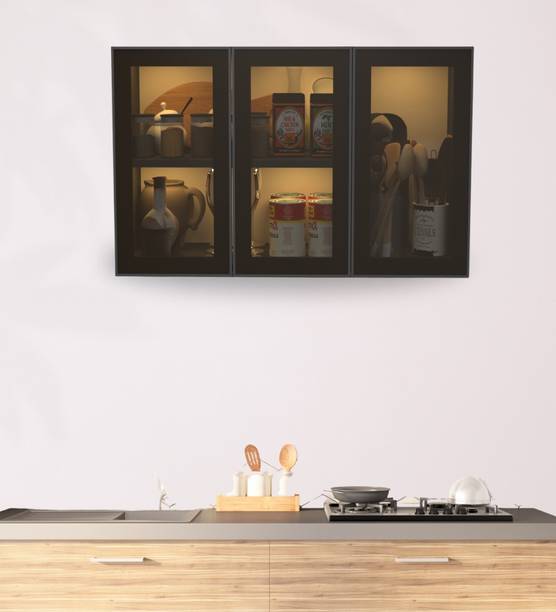 SPECIALITY PANELS Aluminium Black Profile 3 Door Brown Tinted Glass with Termite resistant Metal Crockery Cabinet