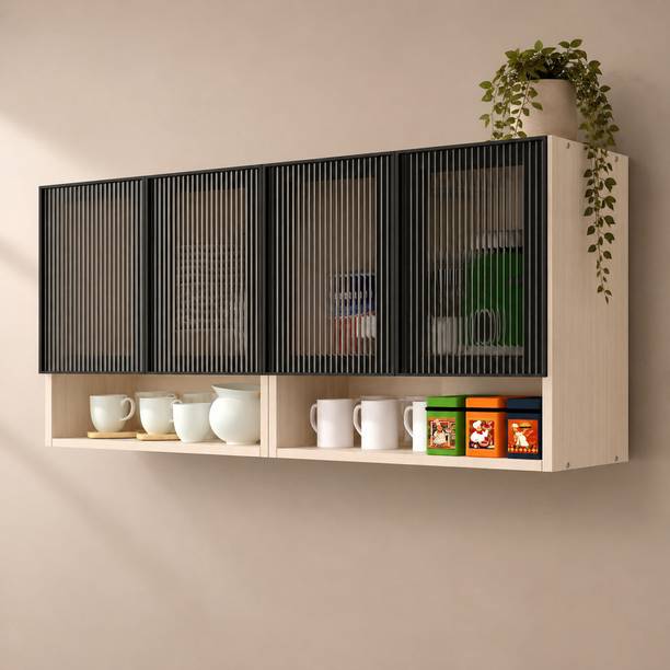 SPECIALITY PANELS Aluminium Prof 4 Fluted Plain Glass Handless, Shelf Free assembly by Brand Engineered Wood Crockery Cabinet