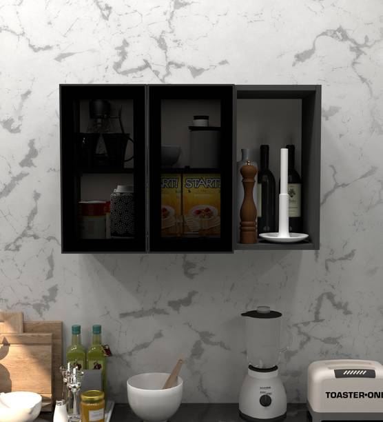 SPECIALITY PANELS Aluminium Profile 2 Grey Tinted Glass handless with 3 Shelfs, French cleat Engineered Wood Crockery Cabinet
