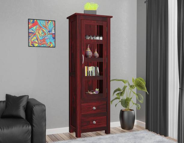 WOODTREND Solid Sheesham Wood Tall Showcase Cabinet With Multiple Shelves And Glass Door Solid Wood Kitchen Cabinet