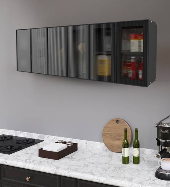 SPECIALITY PANELS Aluminium Black Profile 6 Door Partial Transparent Fluted Plain Glass handless Engineered Wood Kitchen Cabinet