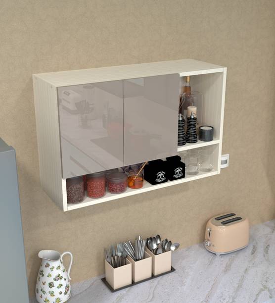 SPECIALITY PANELS Mirror glossy triple layer UV resistant handless shutter with 3 Organizer Shelf Engineered Wood Kitchen Cabinet