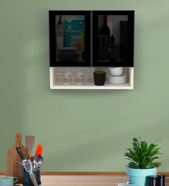 SPECIALITY PANELS Modern Elegance Tinted Glass 2 Door Wall Cabinet with Organizer Shelf Engineered Wood Crockery Cabinet