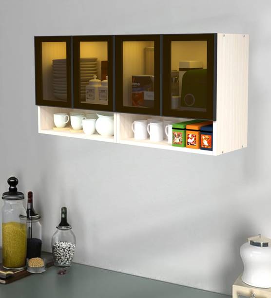 SPECIALITY PANELS Aluminium Profile 4 Brown Tinted Glass handless, OrganizerShelf, French Cleat Engineered Wood Crockery Cabinet