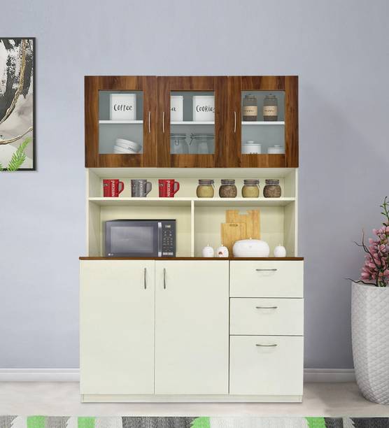 Mintwud from Pepperfry Sakura 3 Door Crockery Unt in Frosty White & Brown Finish Engineered Wood Crockery Cabinet