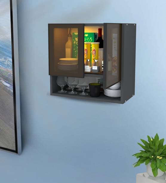 SPECIALITY PANELS Aluminium Profile 2 Door Brown Tinted Glass Handless shutter, OrganizerShelf Engineered Wood Crockery Cabinet