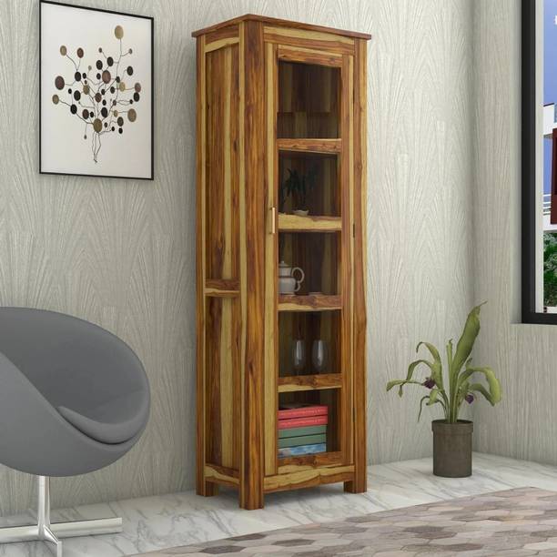 WOODTREND Solid Sheesham Wood Tall Showcase Cabinet With Multiple Shelves And Glass Door Solid Wood Kitchen Cabinet