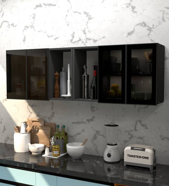 SPECIALITY PANELS Aluminium Profile 4 Grey Tinted Glass handless with 6 Shelfs, French cleat Engineered Wood Crockery Cabinet