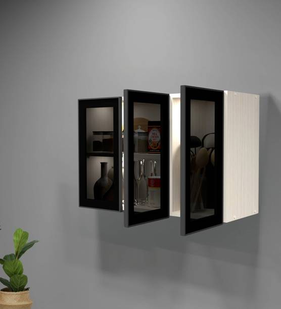 SPECIALITY PANELS Aluminium Black Profile 3 Grey Tinted Glass handless shutters, French cleat Engineered Wood Crockery Cabinet