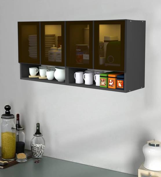 SPECIALITY PANELS Aluminium Profile 4 Brown Tinted Glass handless, OrganizerShelf, French Cleat Engineered Wood Crockery Cabinet