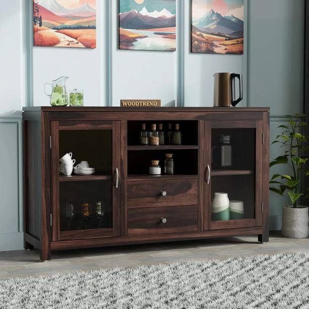 WOODTREND Solid Sheesham Wood Kitchen Sideboard With Dark Finish, Glass Doors And Drawers Solid Wood Kitchen Cabinet