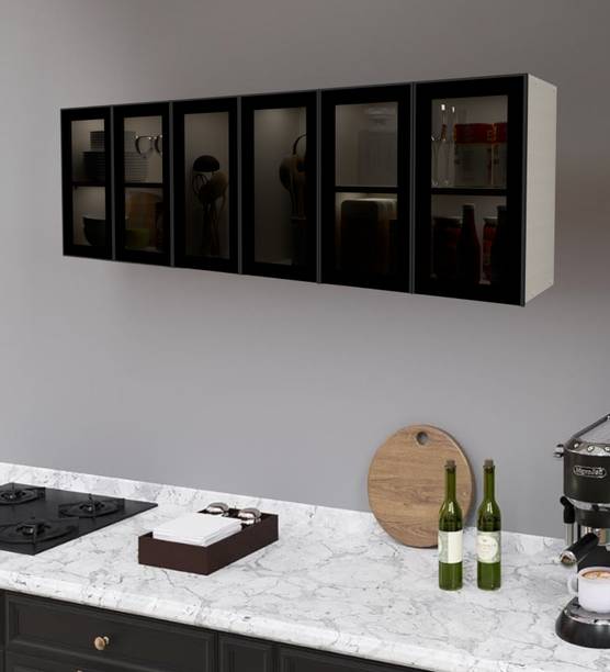 SPECIALITY PANELS Aluminium Black Profile 6 Grey Tinted Glass handless shutters, French Cleat Engineered Wood Crockery Cabinet