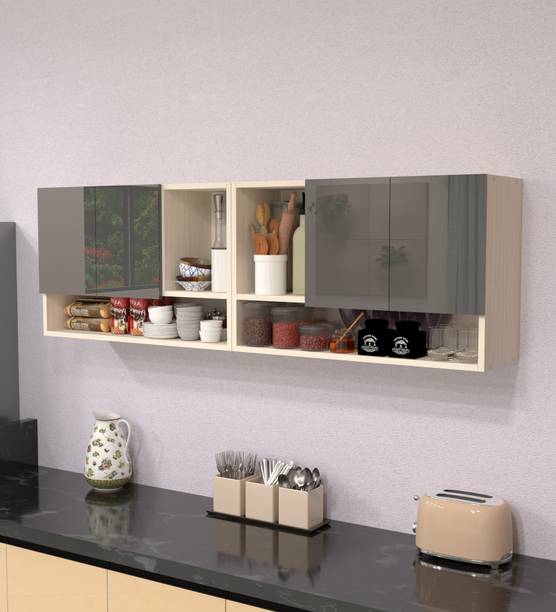 SPECIALITY PANELS 4 Door Mirror glossy triple layer UV resistant handless shutter with 6 Shelf Engineered Wood Crockery Cabinet