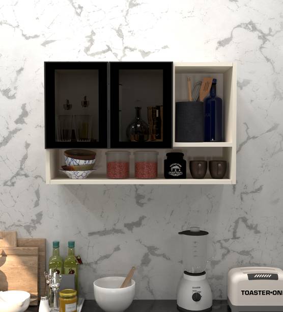 SPECIALITY PANELS Aluminium Profile 2 Grey Tinted Glass handless, OrganizerShelf, French Cleat Engineered Wood Kitchen Cabinet