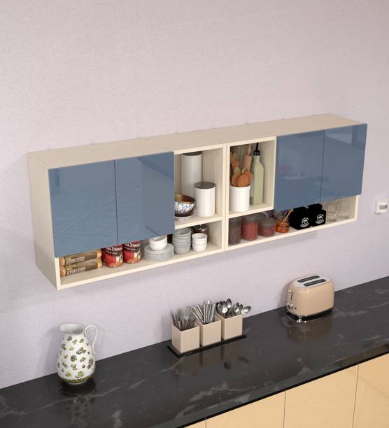 SPECIALITY PANELS 4 Door Mirror glossy triple layer UV resistant handless shutter with 6 Shelf Engineered Wood Crockery Cabinet