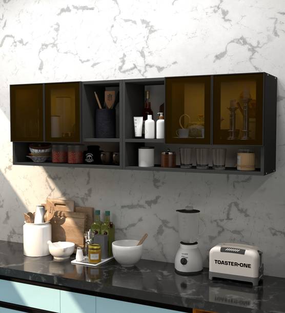 SPECIALITY PANELS Aluminium Profile 4 Brown Tinted Glass handless, 6 Organizer Shelf, French Cleat Engineered Wood Crockery Cabinet