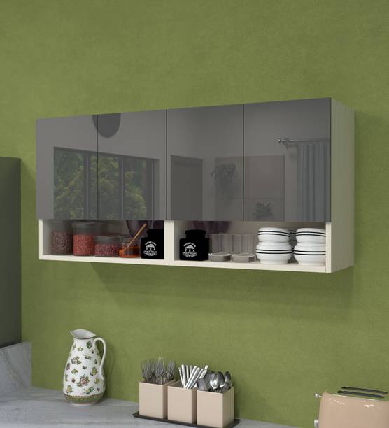 SPECIALITY PANELS 4 Door Mirror glossy triple layer UV resistant handless shutter, Organizer Shelf Engineered Wood Crockery Cabinet