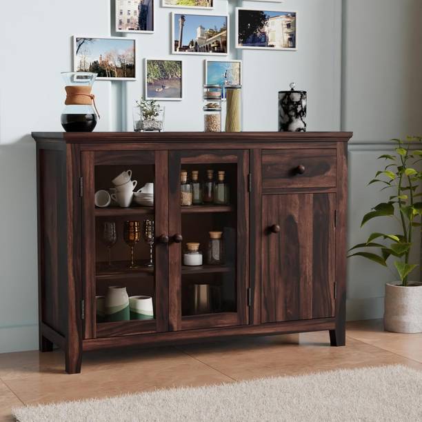 SB Handicraft Solid Sheesham Wood Kitchen Storage Cabinet with Drawer & Glass Doors Solid Wood Kitchen Cabinet