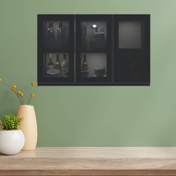 SPECIALITY PANELS Aluminium Black Profile 3 Grey Tinted Glass handless shutters, French cleat Engineered Wood Crockery Cabinet