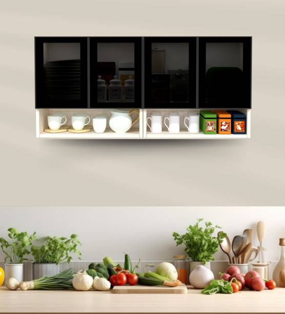 SPECIALITY PANELS Aluminium Profile 4 Grey Tinted Glass handless, OrganizerShelf, French Cleat Engineered Wood Crockery Cabinet