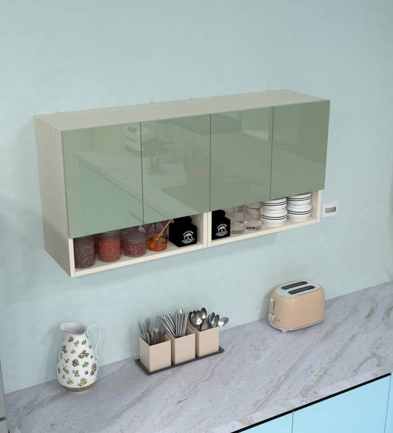 SPECIALITY PANELS 4 Door Mirror glossy triple layer UV resistant handless shutter, Organizer Shelf Engineered Wood Kitchen Cabinet