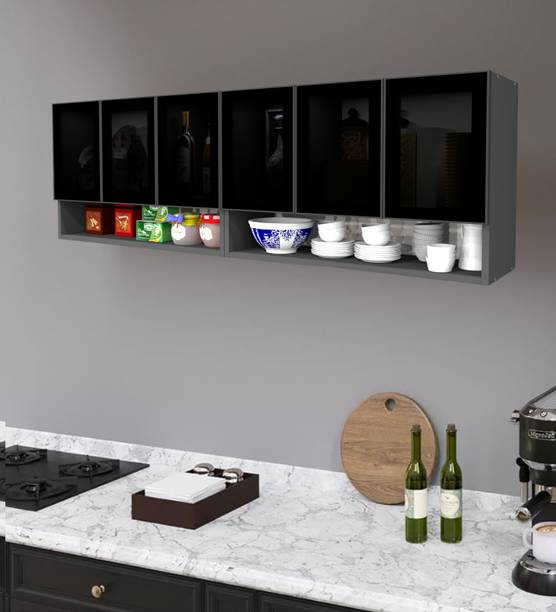 SPECIALITY PANELS Aluminium Black Profile 6 Grey Tinted Glass handless with Organizer Shelf Engineered Wood Crockery Cabinet