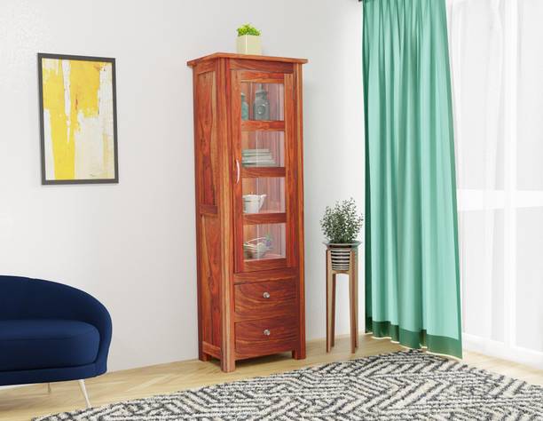 WOODTREND Solid Sheesham Wood Tall Showcase Cabinet With Multiple Shelves And Glass Door Solid Wood Kitchen Cabinet