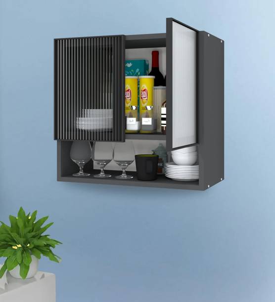 SPECIALITY PANELS Aluminium Black Prof. 2 Door Fluted Plain Glass Handless shutter, OrganizerShelf Metal Crockery Cabinet