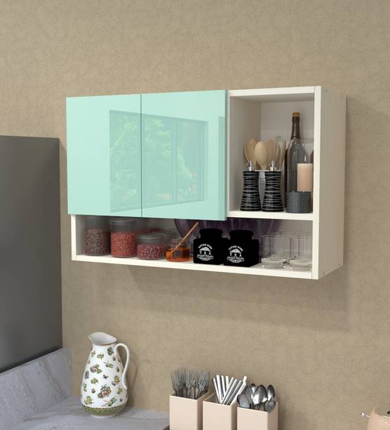SPECIALITY PANELS Mirror glossy triple layer UV resistant handless shutter with 3 Organizer Shelf Engineered Wood Crockery Cabinet