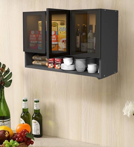 SPECIALITY PANELS Aluminium Profile 3 Brown Tinted Glass handless, OrganizerShelf, French Cleat Engineered Wood Crockery Cabinet
