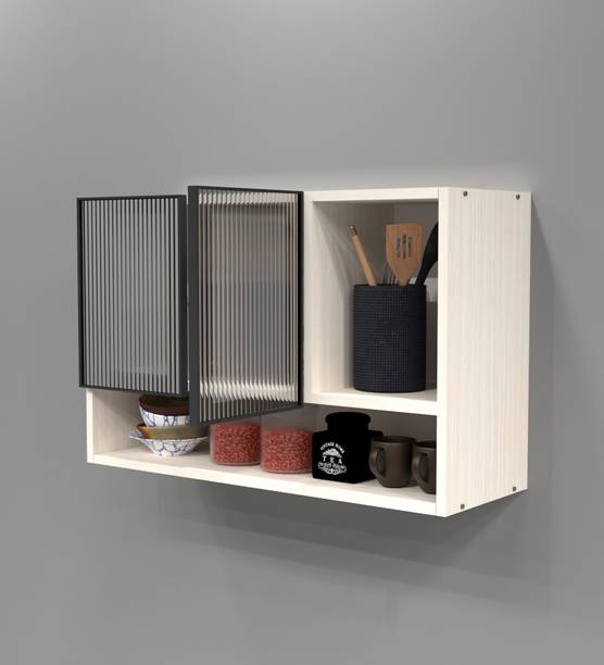 SPECIALITY PANELS Aluminium Profile 2 Fluted Glass handless, OrganizerShelf, French Cleat Engineered Wood Crockery Cabinet