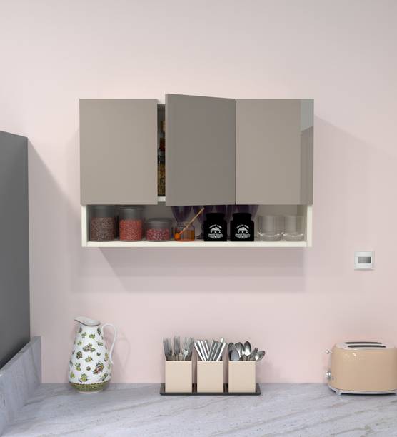 SPECIALITY PANELS 3 Door Mirror glossy triple layer UV resistant handless shutter, Organizer Shelf Engineered Wood Crockery Cabinet