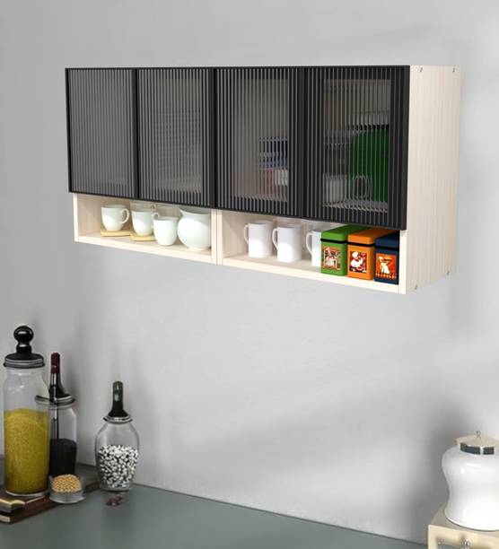 SPECIALITY PANELS Aluminium Profile 4 Fluted Plain Glass Handless, OrganizerShelf, French Cleat Engineered Wood Crockery Cabinet