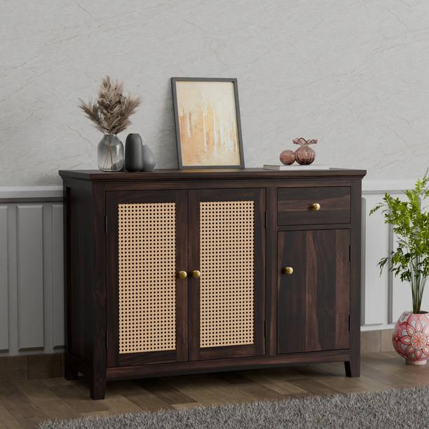 SB Handicraft Solid Sheesham Wood Kitchen Storage Cabinet with Drawer & Glass Doors Solid Wood Kitchen Cabinet