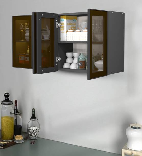 SPECIALITY PANELS Aluminium Black Profile 4 Brown Tinted Glass handless shutters, French cleat Engineered Wood Crockery Cabinet