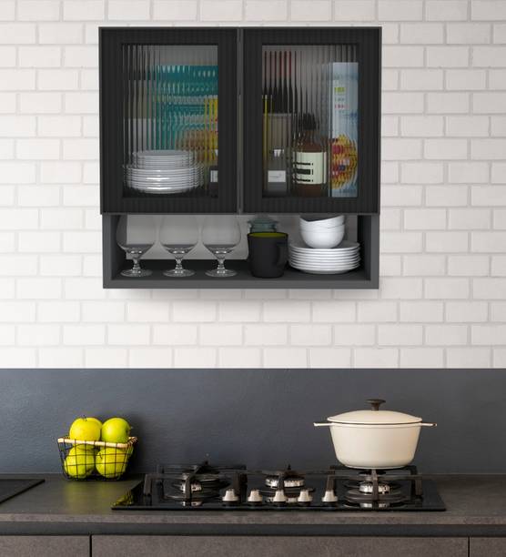 SPECIALITY PANELS Aluminium Black Prof. 2 Door Fluted Plain Glass Handless shutter, OrganizerShelf Metal Kitchen Cabinet