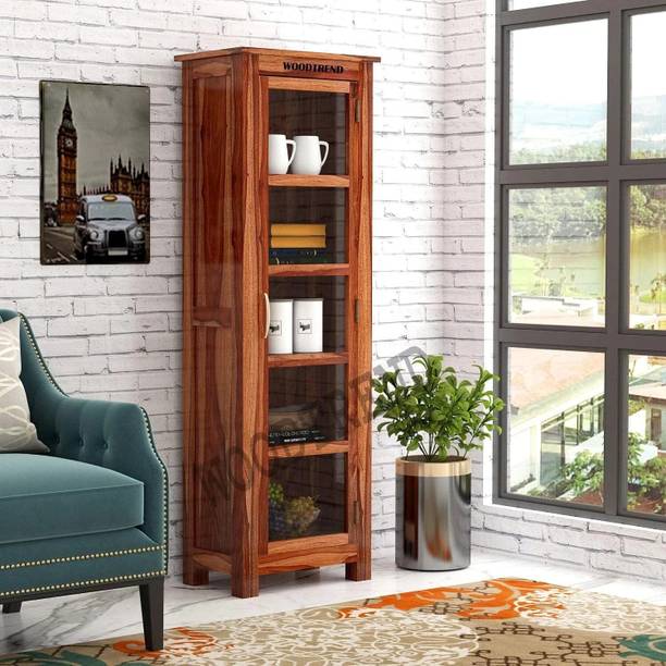 WOODTREND Solid Sheesham Wood Tall Showcase Cabinet With Multiple Shelves And Glass Door Solid Wood Kitchen Cabinet