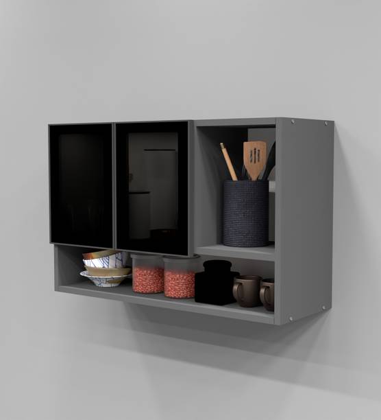SPECIALITY PANELS AluminiumProfile 2 Grey Tinted Glass handless, OrganizerShelf, French Cleat Engineered Wood Crockery Cabinet