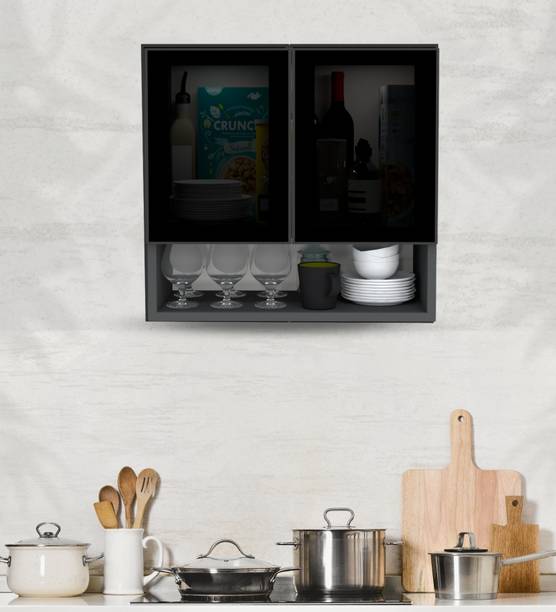 SPECIALITY PANELS Aluminium Profile 2 Grey Tinted Glass handless, OrganizerShelf, French Cleat Engineered Wood Crockery Cabinet