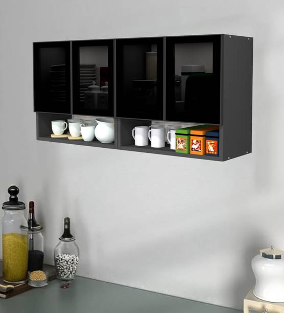 SPECIALITY PANELS Aluminium Profile 4 Grey Tinted Glass handless, OrganizerShelf, French Cleat Engineered Wood Crockery Cabinet