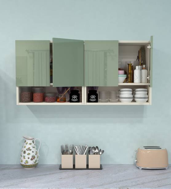 SPECIALITY PANELS 4 Door Mirror glossy triple layer UV resistant handless shutter, Organizer Shelf Engineered Wood Crockery Cabinet