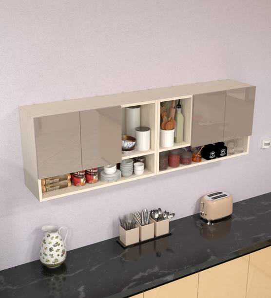 SPECIALITY PANELS 4 Door Mirror glossy triple layer UV resistant handless shutter with 6 Shelf Engineered Wood Kitchen Cabinet